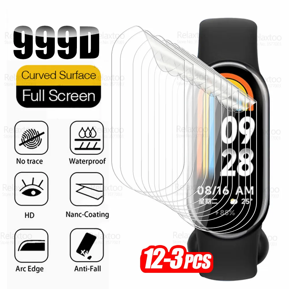 12-3Pcs 999D Curved Soft Hydrogel Film For Xiaomi Band 8 Screen Protector Xiomi Mi Band8 MiBand MiBand8 Bracelet Film Not Glass