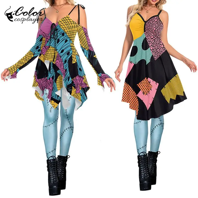 

Color Cosplayer Sally Dress Suit Halloween Cosplay Costume Spandex Leggings Party Carnival Strap Dress Women Leggings Dress Up