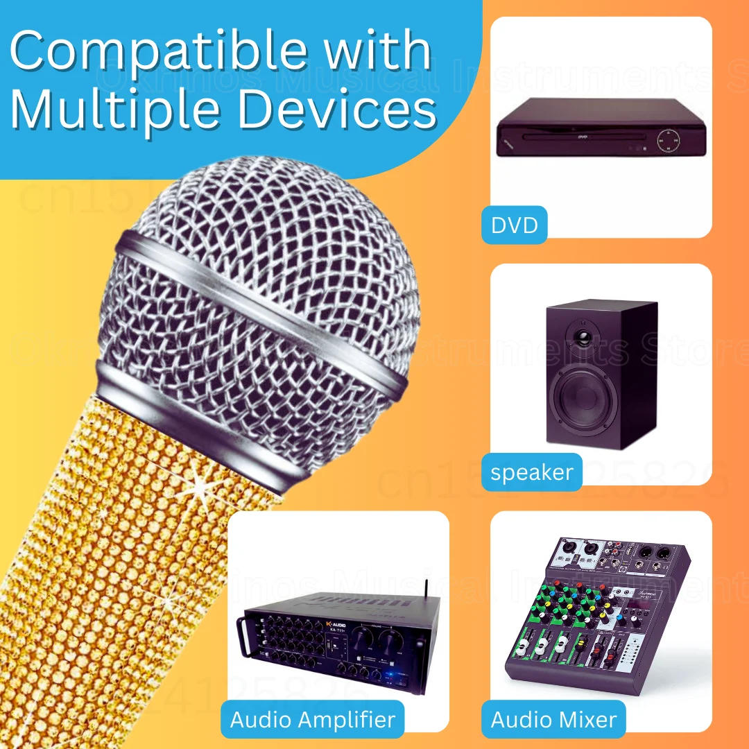 Shiny Luminous Golden Handheld Cardioid Dynamic Vocal Mic , 12ft Cable, Adaptors, Spherical Grille for Speakers and Performance