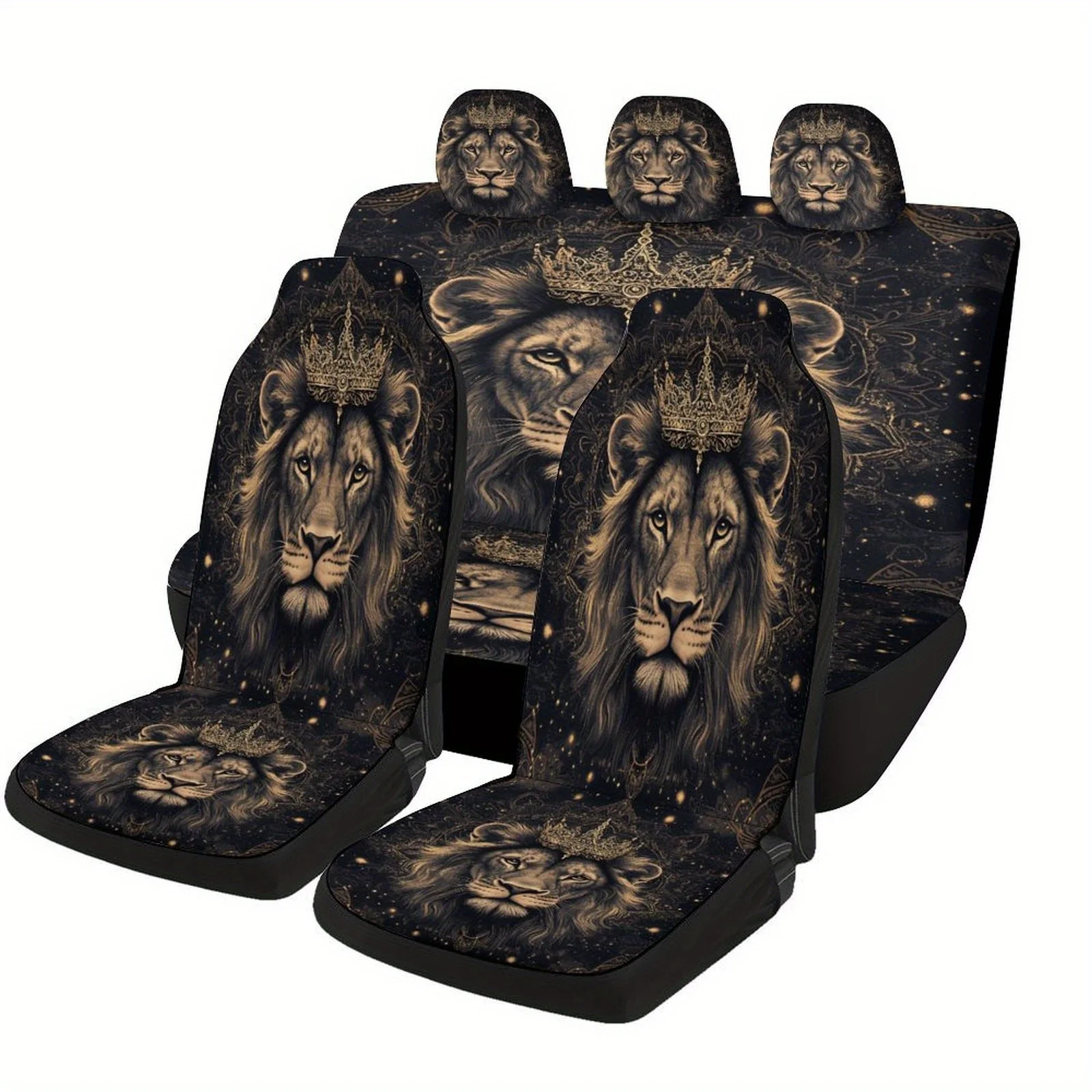 Regal Lion Themed Car Seat Cover Set - 2 Front & 2 Rear, Universal Fit For Most Cars, Durable Polyester Material, Machine Washab