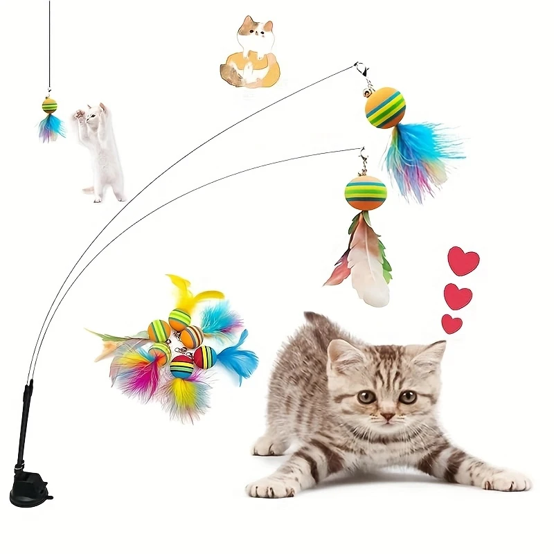 Katzenspielzeug, interaktiv, lustig, Katzenfederstab, Saugnapf, Kugelfedern, Ersatz mit Glocken für die Übung von Katzen und Kätzchen im Innenbereich