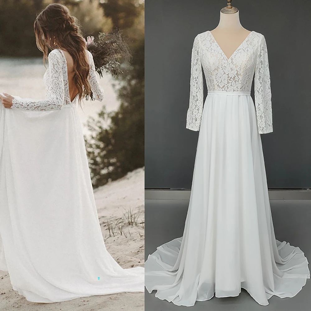 Robe de mariée en mousseline de soie, style Boho, manches longues, col en V, sur mesure, grande taille, livraison directe, ligne A, dos ouvert, brosse, traîne