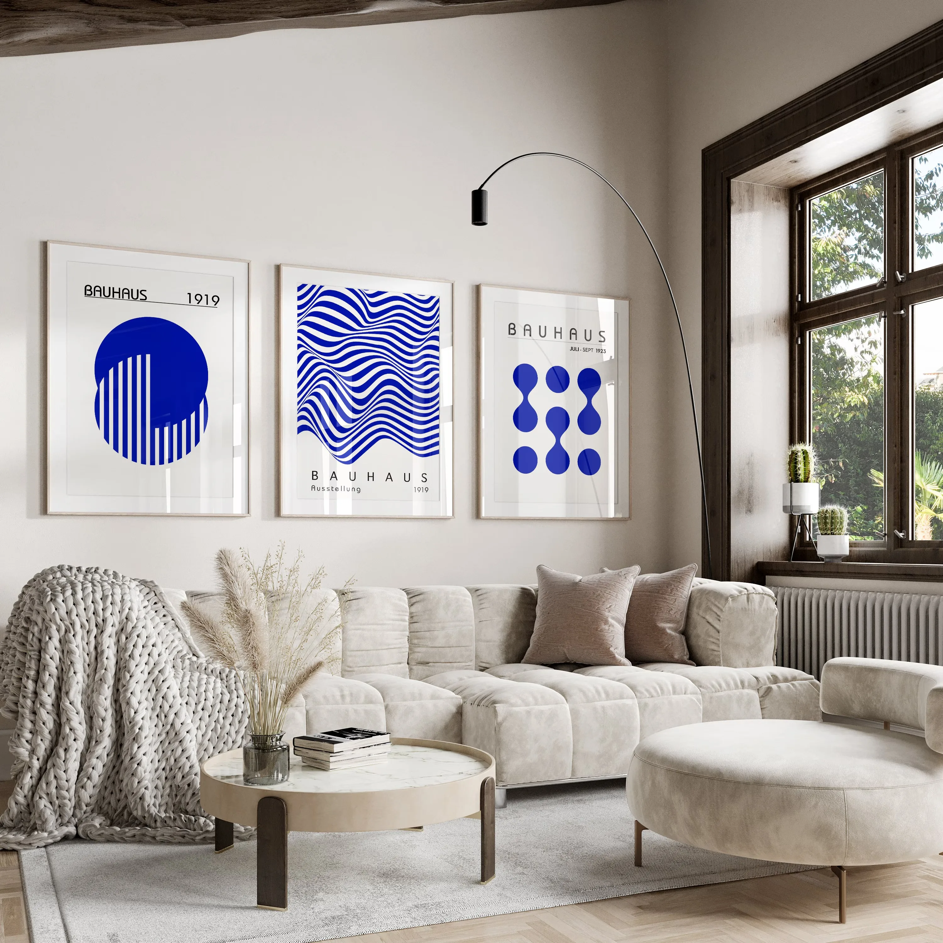 Vintage Blue & Beige Bauhaus Canvas Poster Mid Century Minimalist Wall Art Exhibition Poster for Modern Living Room Home Decor