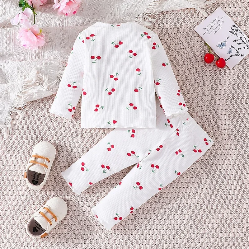 Baby Sets For Kid Newborn Girl 1-18 Months Pyjamas Long Sleeve Pajamas Cherry Print Outfit Toddler Infant Clothing Set For Baby