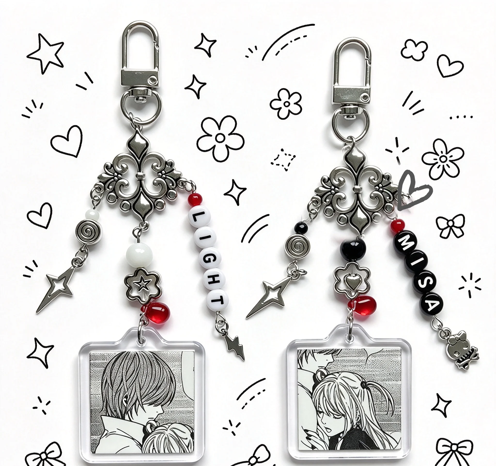 Handmade Red Black Beaded Death Note Matching Keychain, Yagami Light & Amane Misa Acrylic Key Ring, Anime Fan Gift