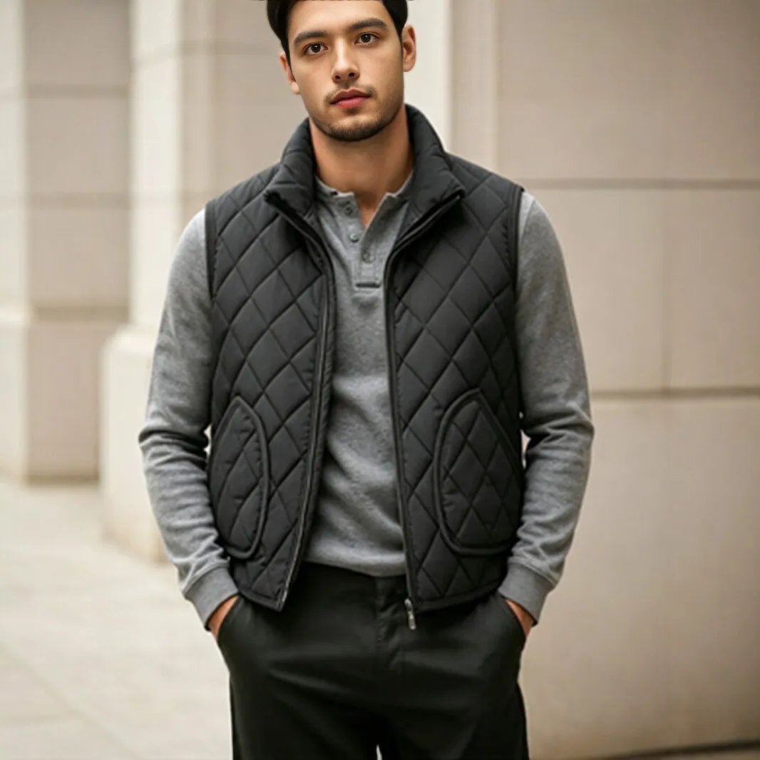 Autumn Winter New Fashion Men Stand Collar Sleeveless Zipper Thicken Argyle Simple Basic Casual Daily Vests Male Coats Clothes