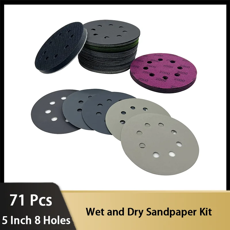 

5 Inch 8 Holes Wet and Dry Sandpaper Kit 71 Pcs with Interface Pad Assorted Grit 600-5000 for Automotive Wooden Furniture Grind