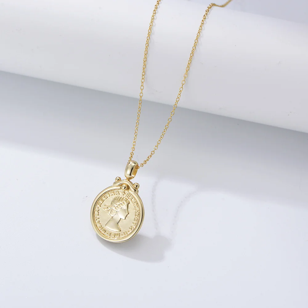 

European-American S925 Sterling Silver Niche Necklace, Elizabeth Portrait, Coin Relief INS Personalized Collarbone Chain