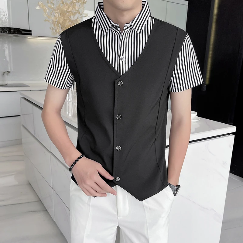 

Fake Two Pieces Men Vest Shirts Summer Striped Printed Short Sleeve Men's Patchwork Shirt Hotel Club Slim Fit Office Work Wear
