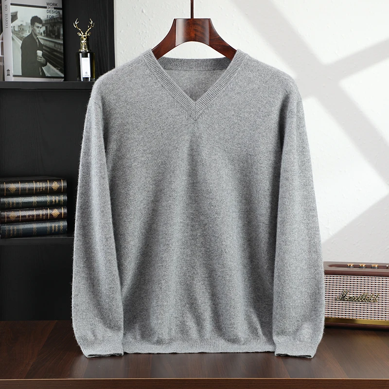 Autumn and Winter New Collection (100% Cashmere) Men's Casual V-neck Solid Color Casual Sweater for Men