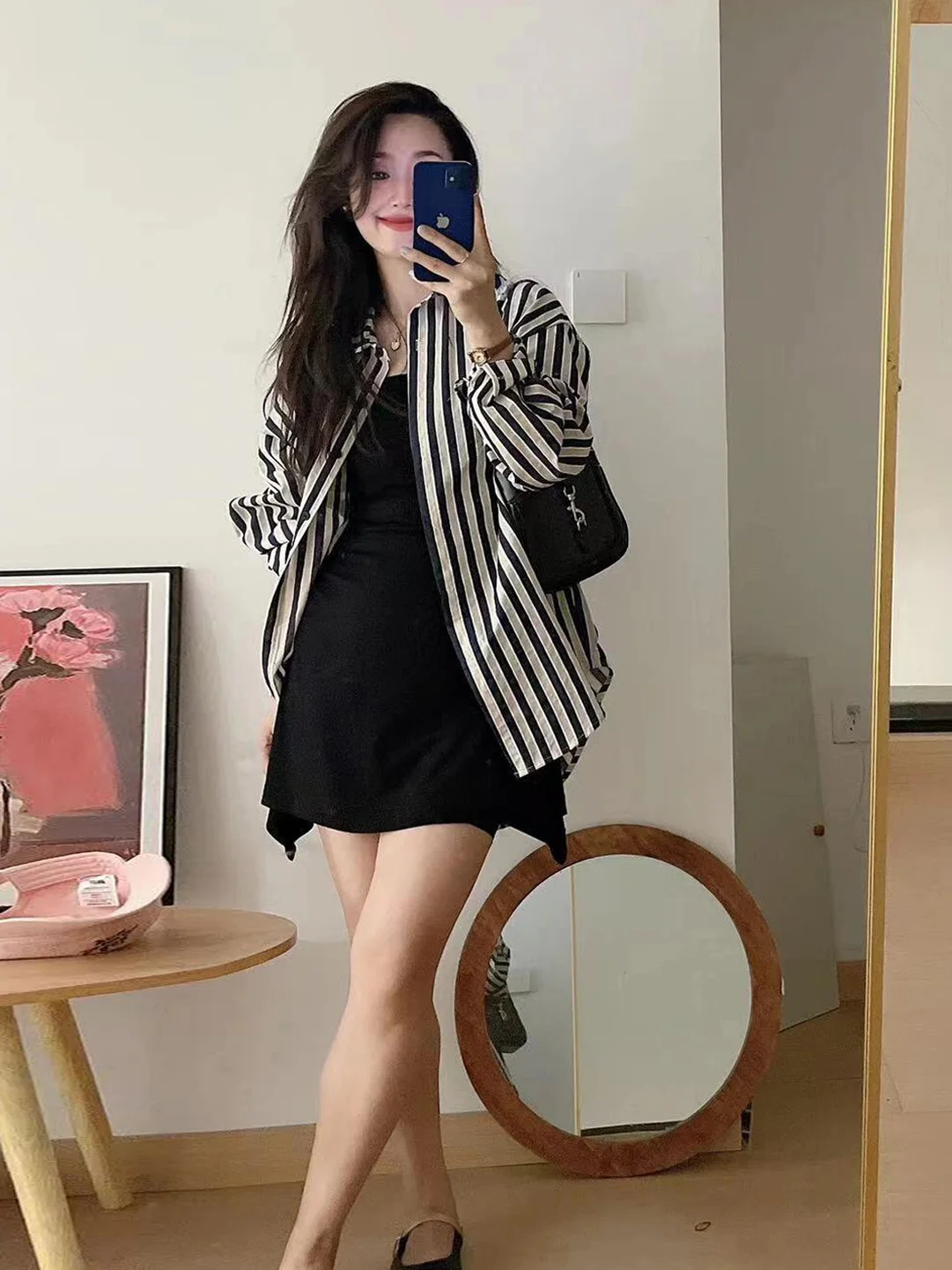 

Spring 2026 Women's Striped Long Sleeve Shirt Dress Set Black Strapless Top Bottoms Matching Outfit Casual Commute Style
