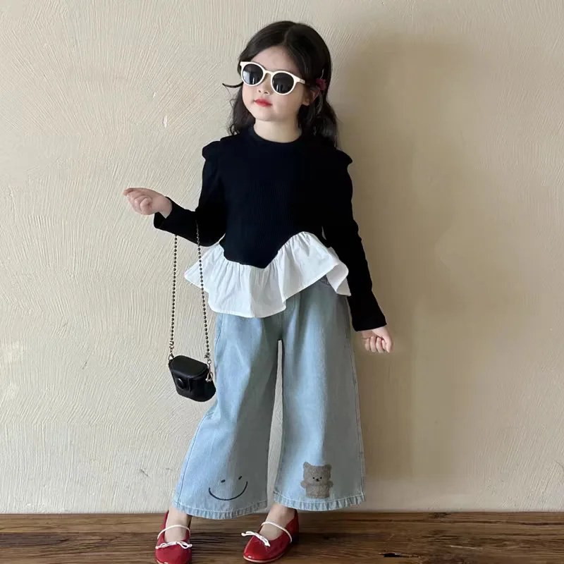 

Girls Korean version children's clothing 2025 autumn new girls small children ruffled foreign-style top T-shirt bear jeans