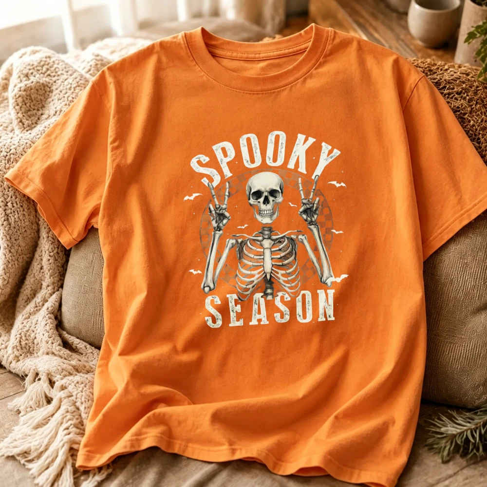 Halloween Spooky Season Graphic T‑Shirt Retro Skeleton Peace Sign Bat Print Short Sleeve Crew Neck Tees Casual Top for Men Women