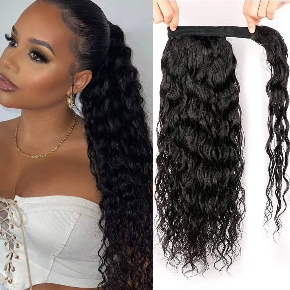 Wrap Around Water Wave Ponytail Extensions Human Hair Magic Paste Curly Wave Ponytail Remy Human Hair Natural Color