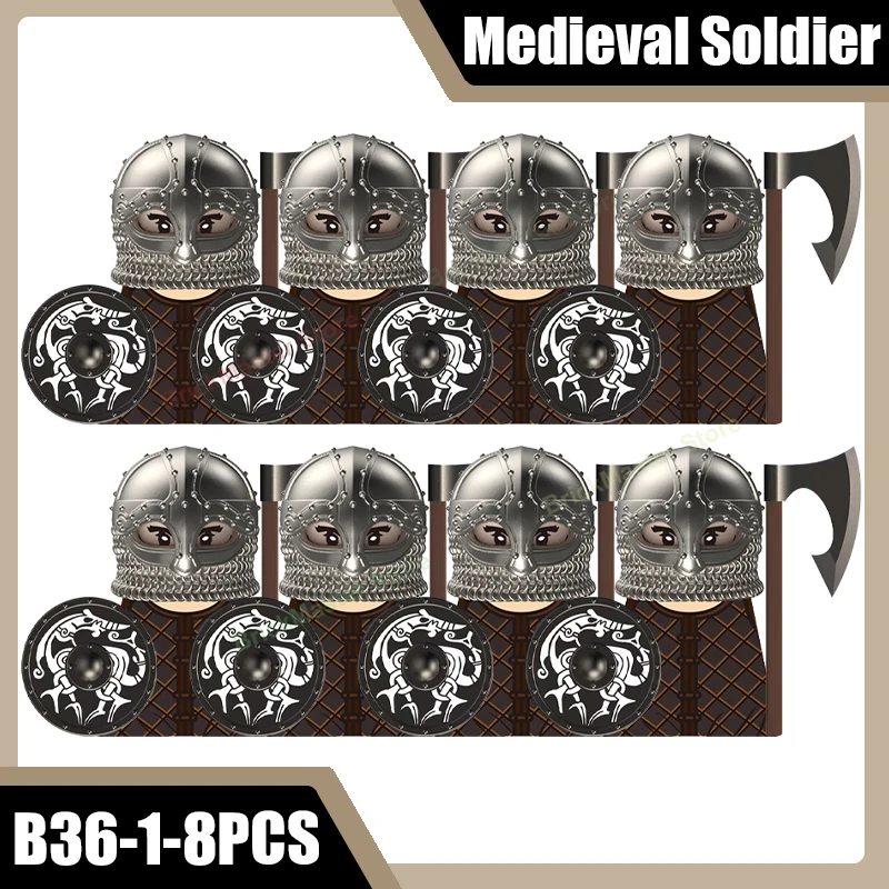 Mittelalterliche Militär-Wikinger-Krieger-Soldaten-Figuren Bausteine Burg Armee Rauber Infanterie Schild Axt Schwert Helm Ziegel Spielzeug