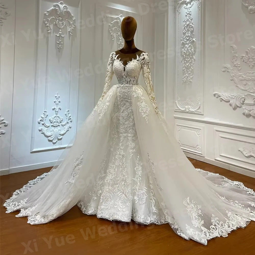 Exquisite Mermaid Women's Long Sleeve Wedding Dresses Dismountable Train Lace Appliques Bride Gowns Customized Robe De Mariée