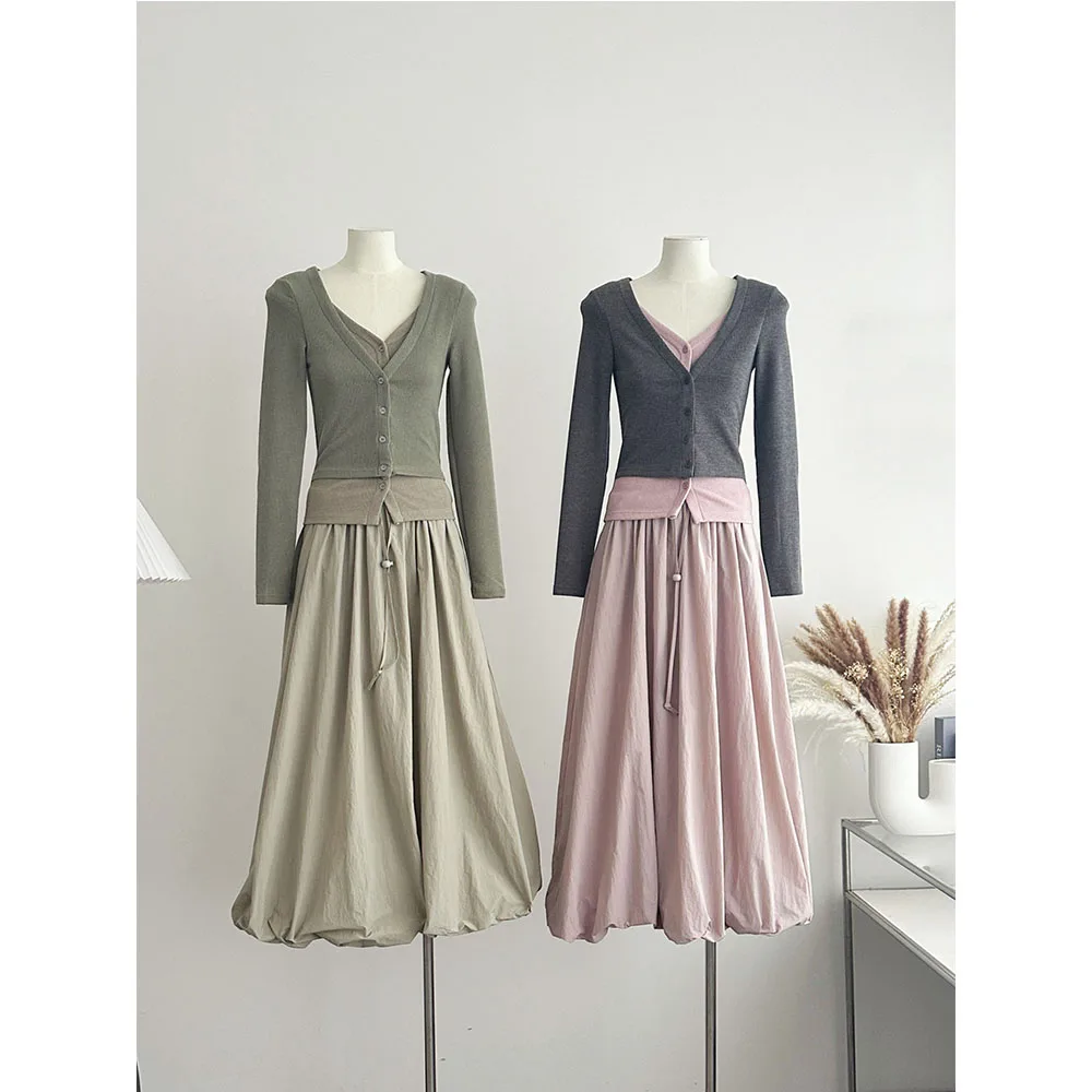 Two Pieces Women Skirt Sets Fake 2pcs Contrats Color Knitted Tops Cardigan Shirt+High Waist A-Line Cargo Skirt Female Spring Set