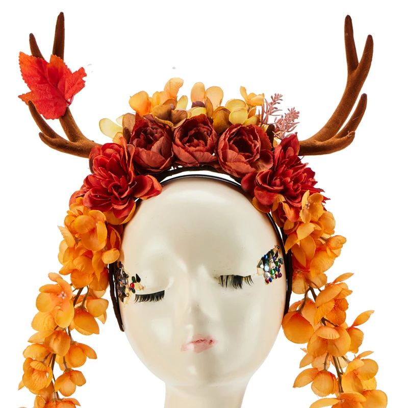 Christmas Headnband Reindeer Antlers Horn Floral Hair Band Lolita Gothic Flowers Xmas Halloween Party Cosplay Headdress