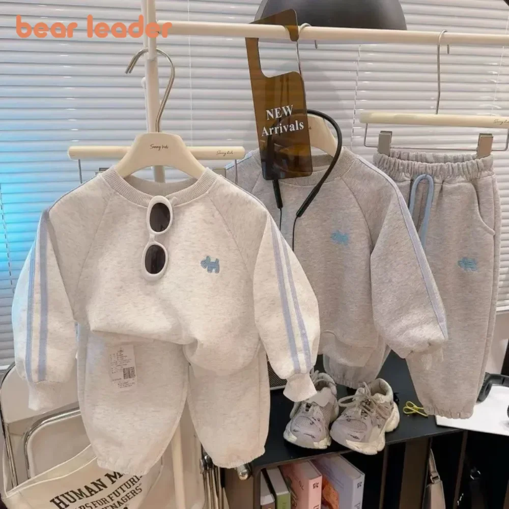 

Bear Leader Spring and Autumn Korean Edition Grey Girls' Sportswear Cartoon Printed Long Sleeve Top and Pants Two Piece Set
