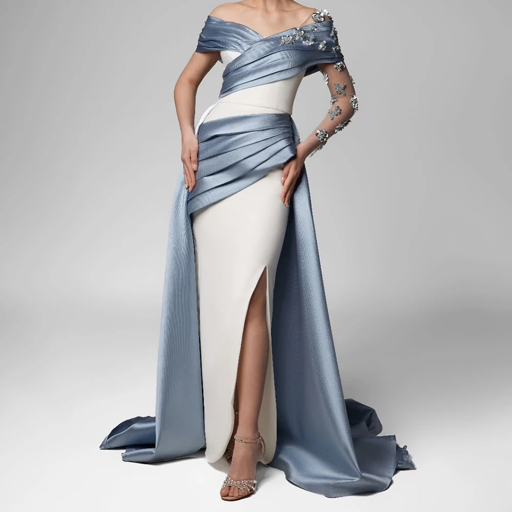 

Вечерние платья русалки по индивидуальному заказу, длиной до пола, с открытыми плечами, с длинными рукавами, платье для выпускного вечера, модное плиссированное вечернее платье с цветами и драпировкой