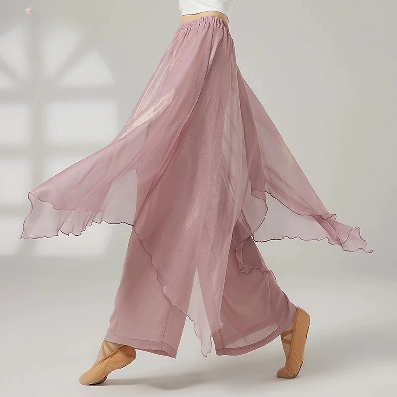 

Classical Dance Dress Pants Women Double Layers Loose Trouser Practice Costume Spliced Shiny Chiffon Skirt Performance Dancewear