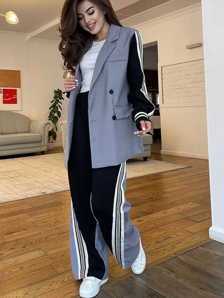 Fall Winter Women Loose Long Sleeved Set Fashion Color Blocked Straight Pants Suit Elegant Office Double Breasted Blazer Outfits