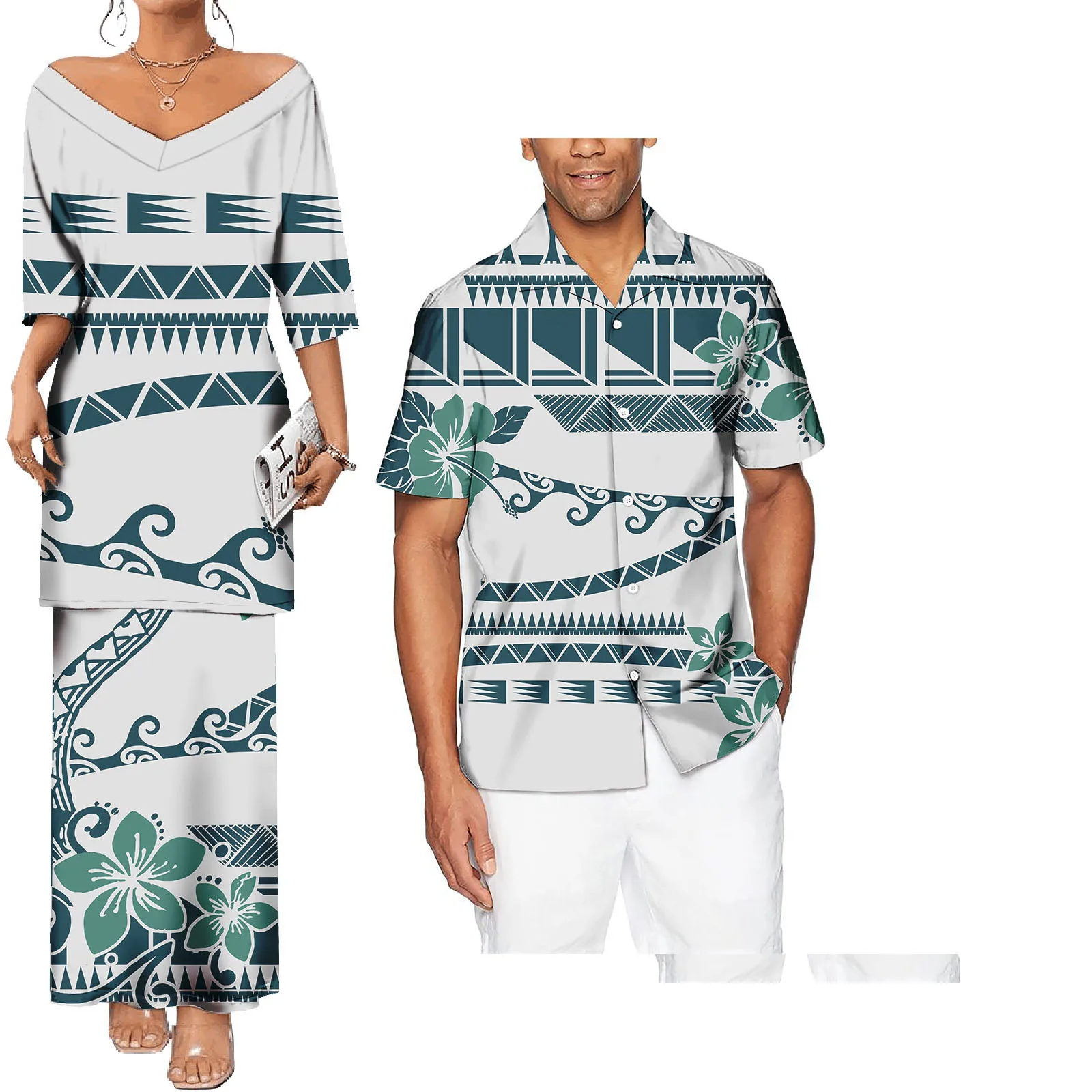 Hawaiian tropic floral print Polynesian Samoan tribe casual couple matching suit sexy party dress and shirt plus size