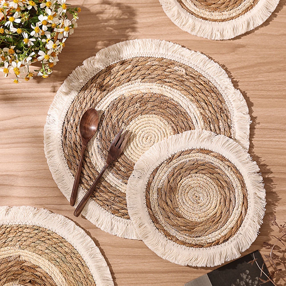 

2pcs Woven Placemat Round Grass Cotton Rope Heat Resistant Table Coaster For Drinks Insulated Bowl Mat Non-Slip Decorative Place