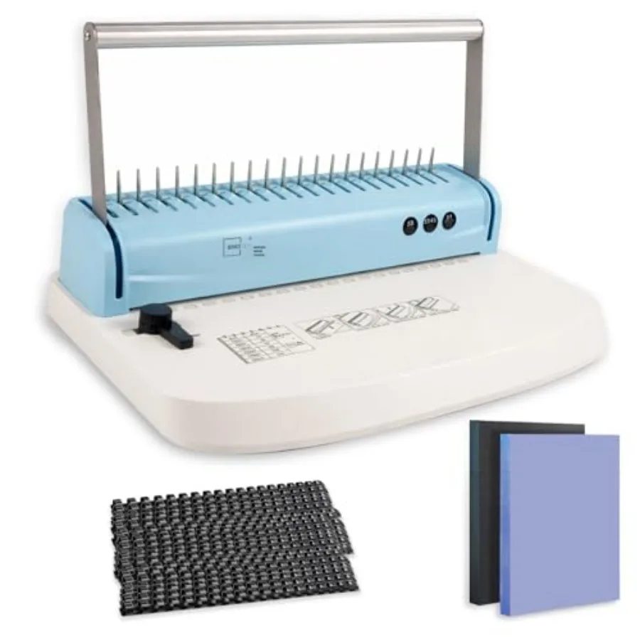 

Переплетная машина на 19 отверстий для 145 листов, с 50 обложками из ПВХ 8 мил и 50 полипропиленовыми обложками с песочной текстурой (12 мил)