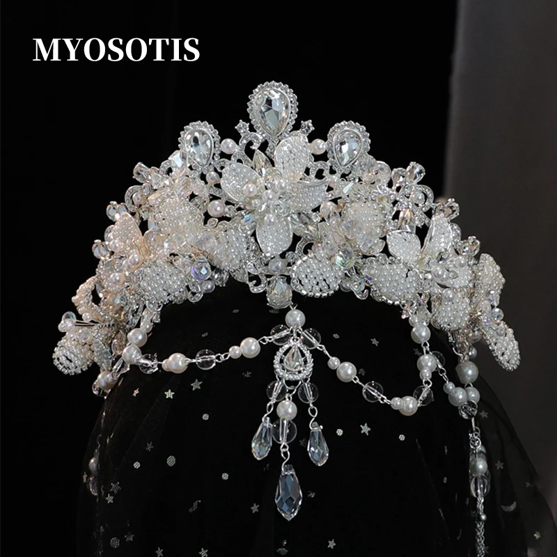 

Baroque Handmade Forehead Crystal Tiara Crown Luxury Princess Queen Pearl Tiara Wedding Headdress Hair Accessories Jewelry