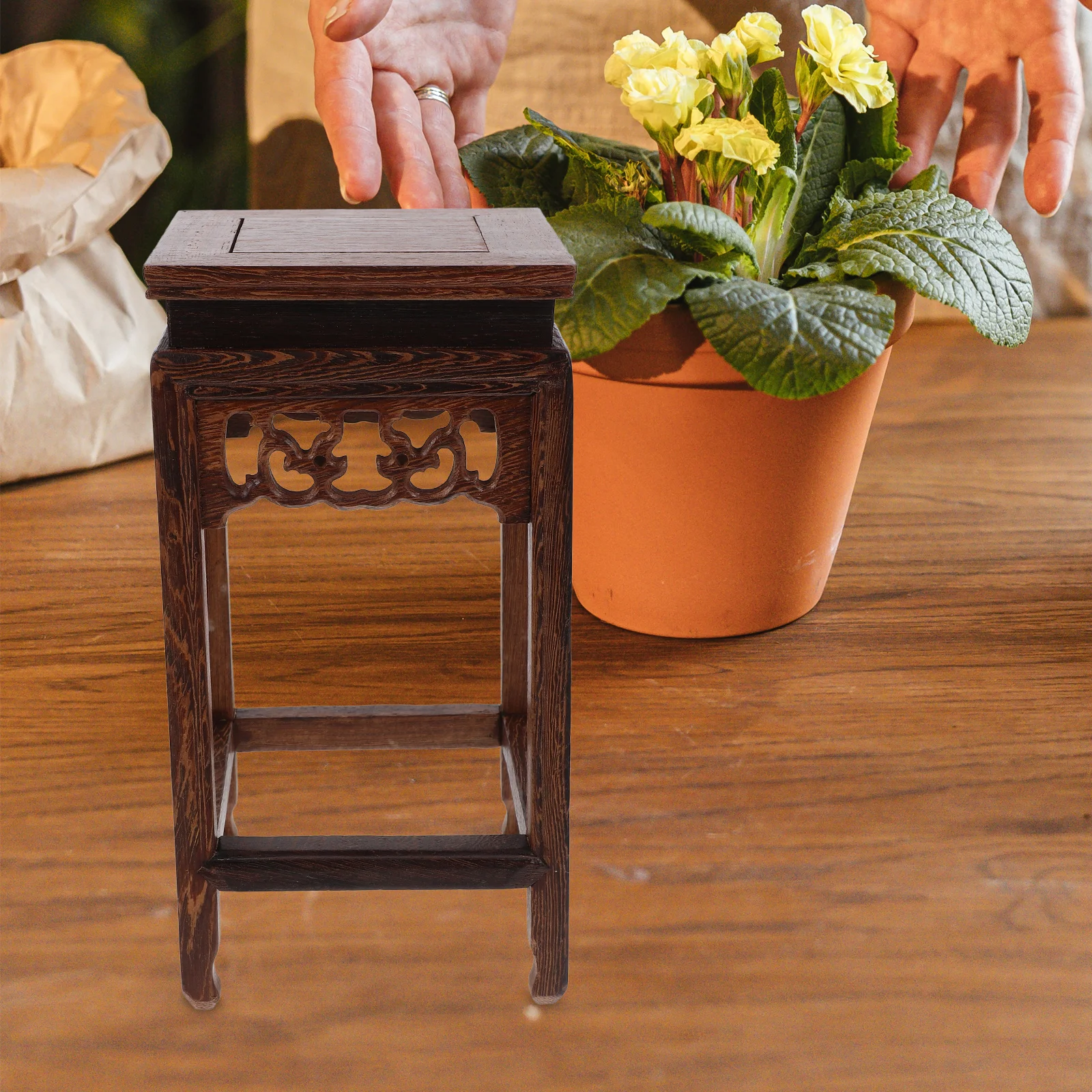 

Jade Carved Stone Ornaments Mini Wooden Stool Plant Stand Decorative Holder for Office Balcony Room Stable Material Large