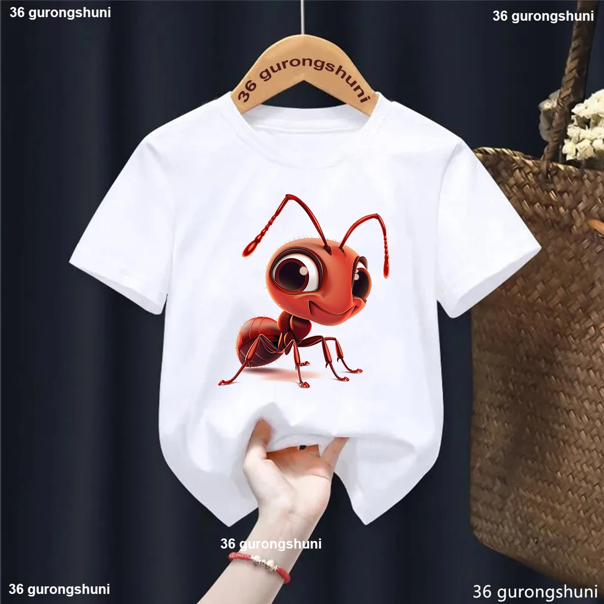 

Cute Funny T Shirt Girls/Boys Kawaii Ant Printed Tshirt Summer Short Sleeve T-Shirt Harjauku Shirt Casual White T-Shirt