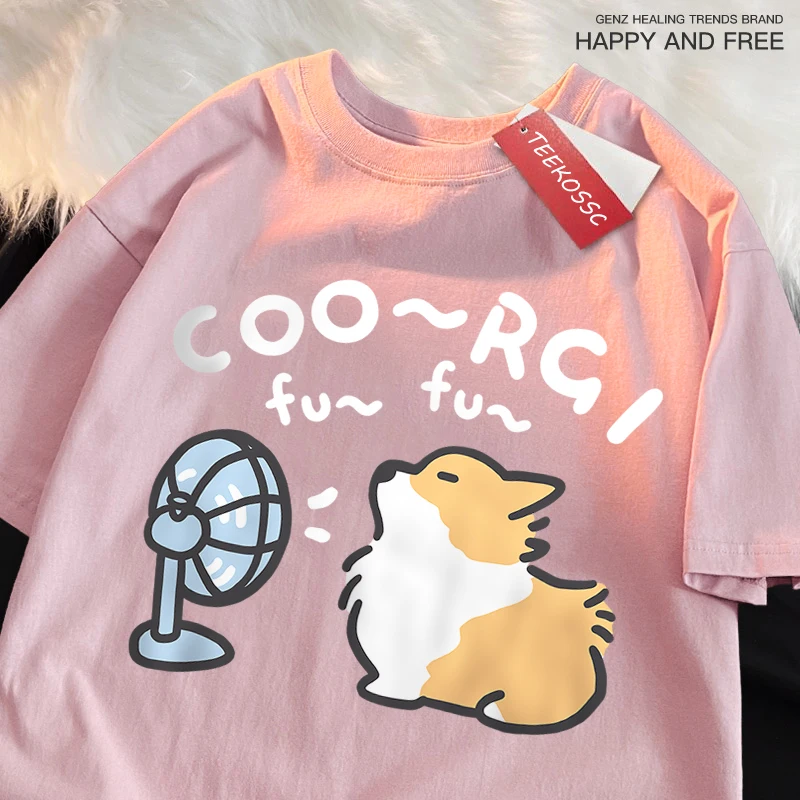 Wind Blowing Corgi Dog Fun T-Shirts Men Women Brand Loose Casual Short Sleeve Summer Tshirt Soft Breathable Cotton Brand Tops