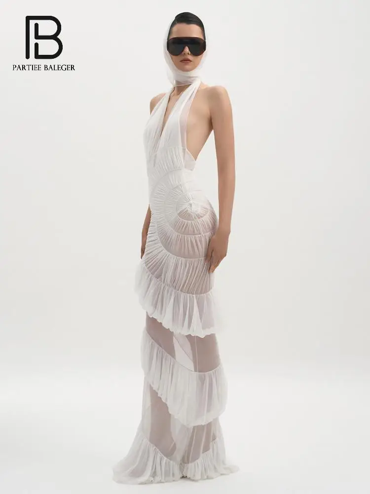 PB Fashion Sexy Mesh Sheer White Rüschen Neckholder Rückenfrei V-Ausschnitt Maxikleid Strandpartykleid