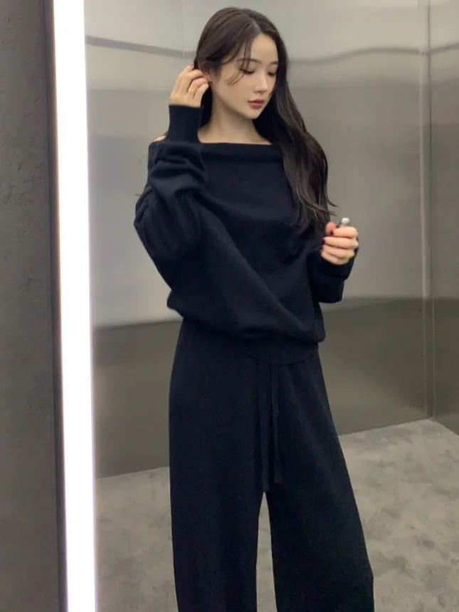 

Dongda Gate Spring 2025 oulder Bared Long Sve Knitted Sweater Wide Leg Pants Set Faionable Commute Sle Regular Thi...