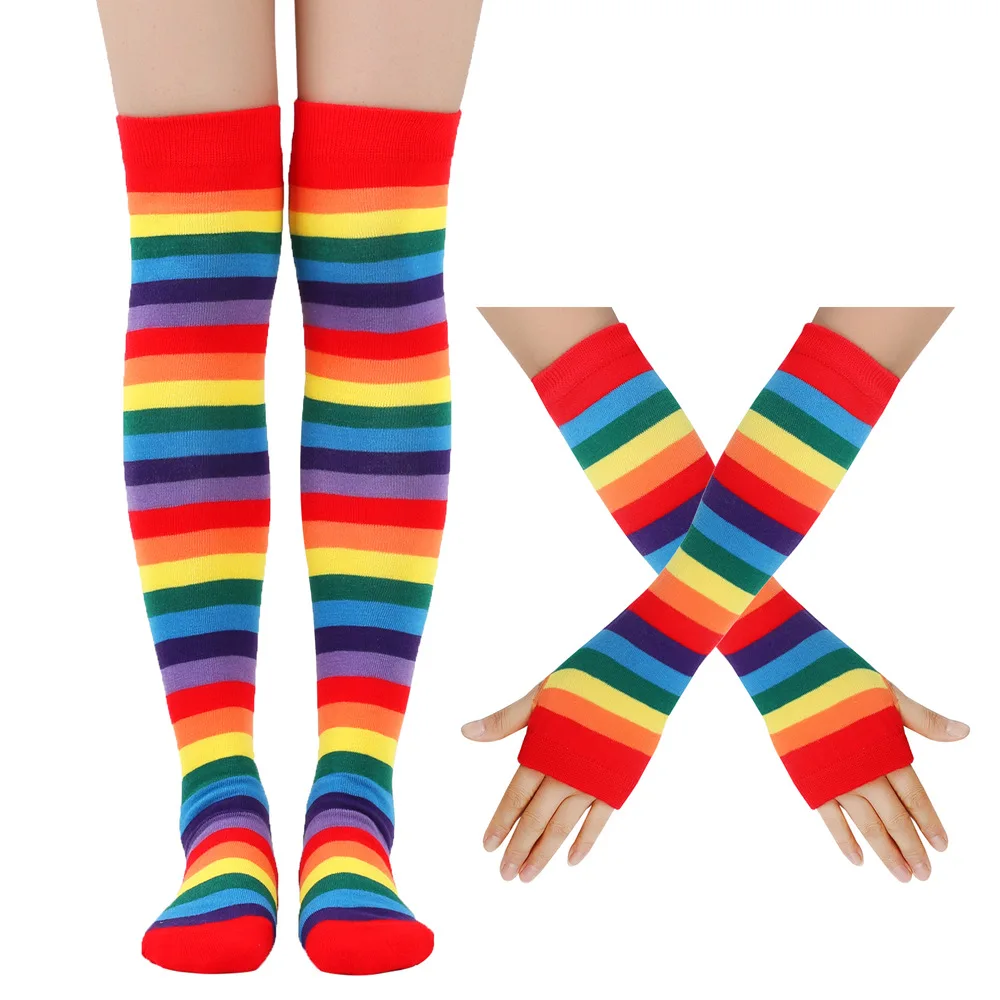 Women Rainbow Striped Arm Sleeve Gloves Leg Warmer Set Colorful Striped Sunscreen Fingerless Gloves Thigh High Socks