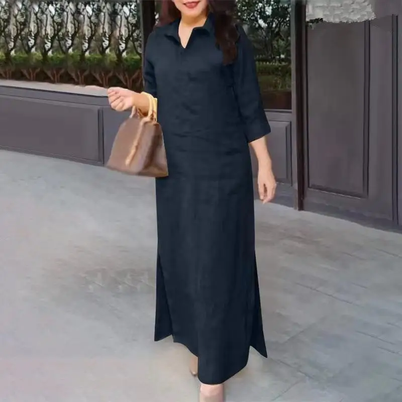 Femmes robe unie chemise col rabattu robes longues élégant décontracté robes amples droite bureau dames été