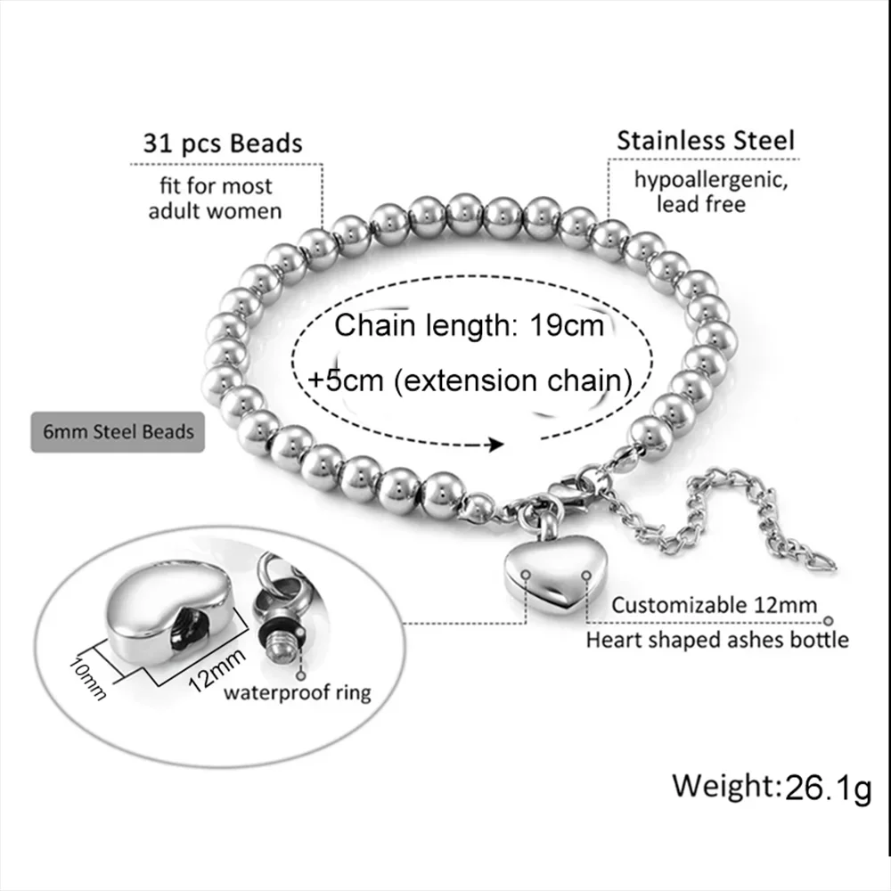 Stainless Steel Bead Heart Urn Bracelets Jewelry for Cremation Ashes Memorial Keepsake Personalized Engraved Gift