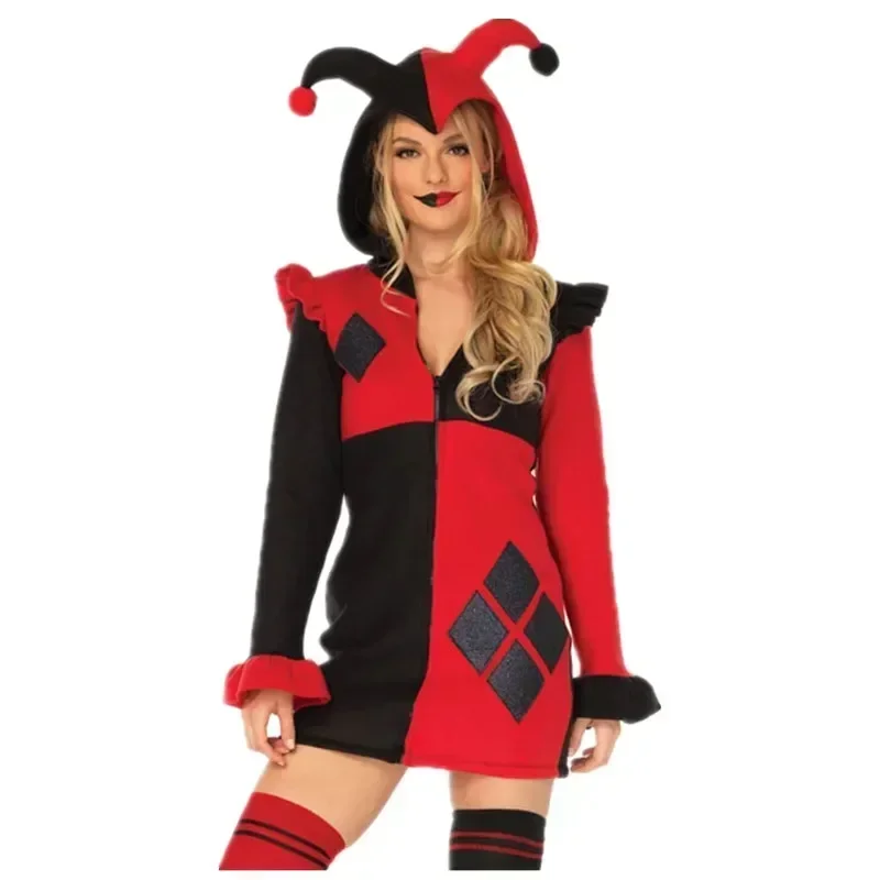

CosplayHarleenQuinzel Clown fille Cosplay Costume Halloween carnaval poupée droll tresse chapeau jeu de rôle robe de soirée