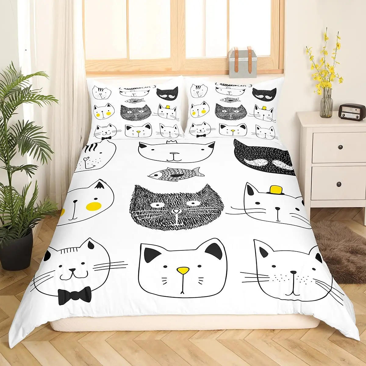 Cartoon Cat Duvet Cover for Kids Black Grey Girls Boys Cats Drawing Pattern on White with Fish Print for Child Room Decoration