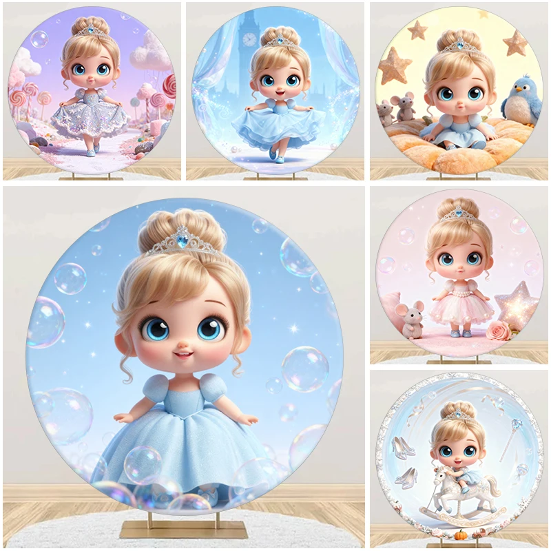 

Baby Cinderella Round Background Disney Princess Kids Girl 1st Birthday Party Baby Shower Blue Pink Round Photography Backdrop