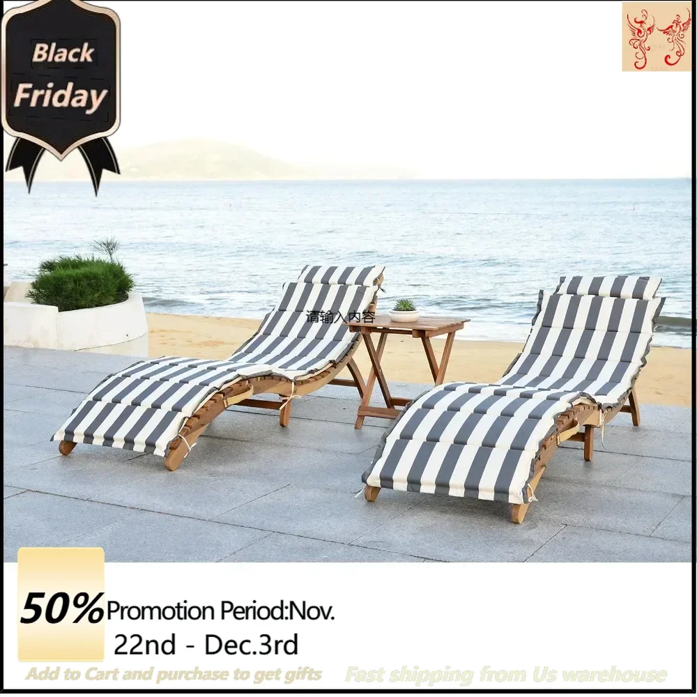 Outdoor Series: Pacifica Natural Brown Solid Wood/Grey & White Striped Cushion 3-Piece Chaise longue Set with Table