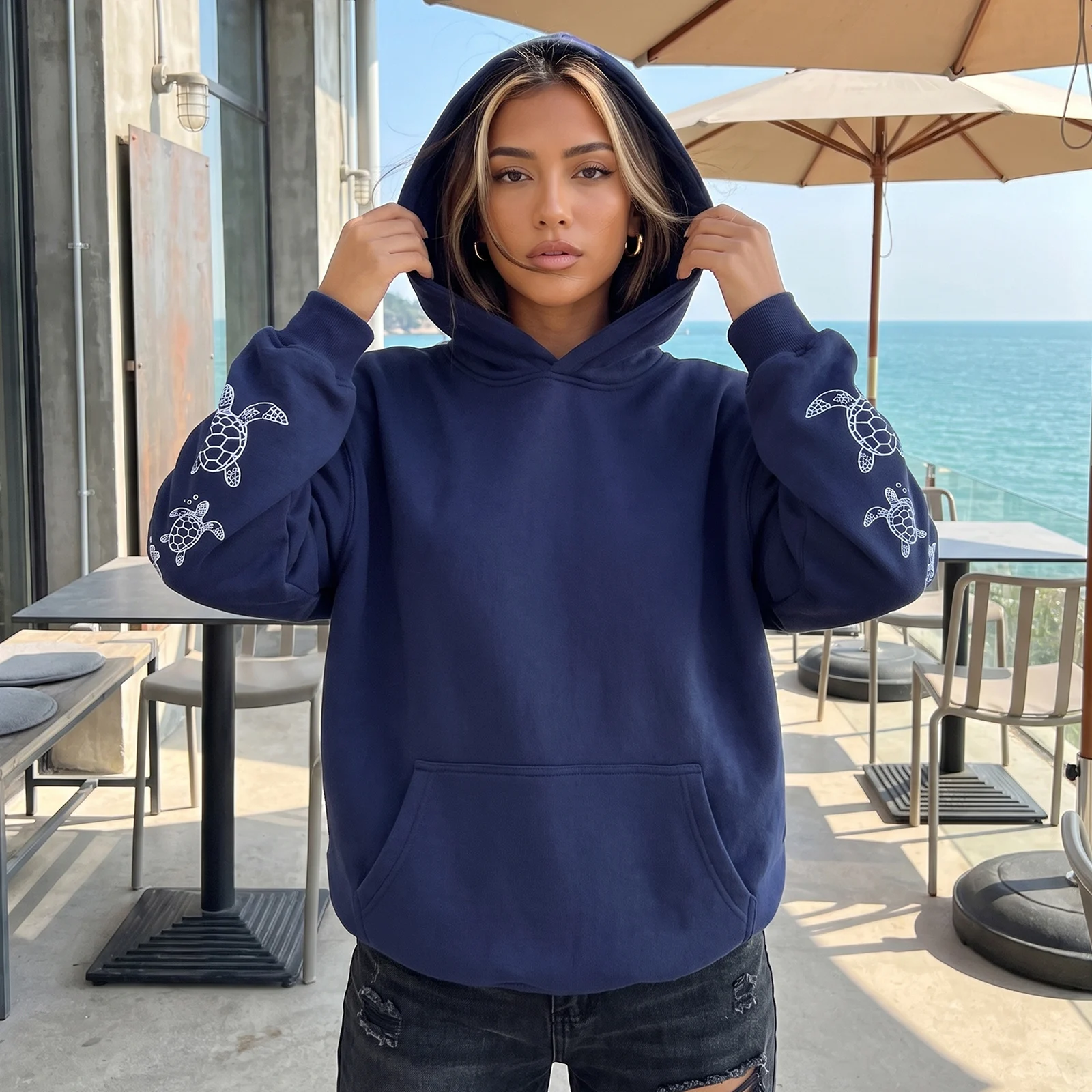 Women’s Fall Winter Fashion Beach Hoodies Long Sleeve Sea Turtle Print Hooded Pullover Tops