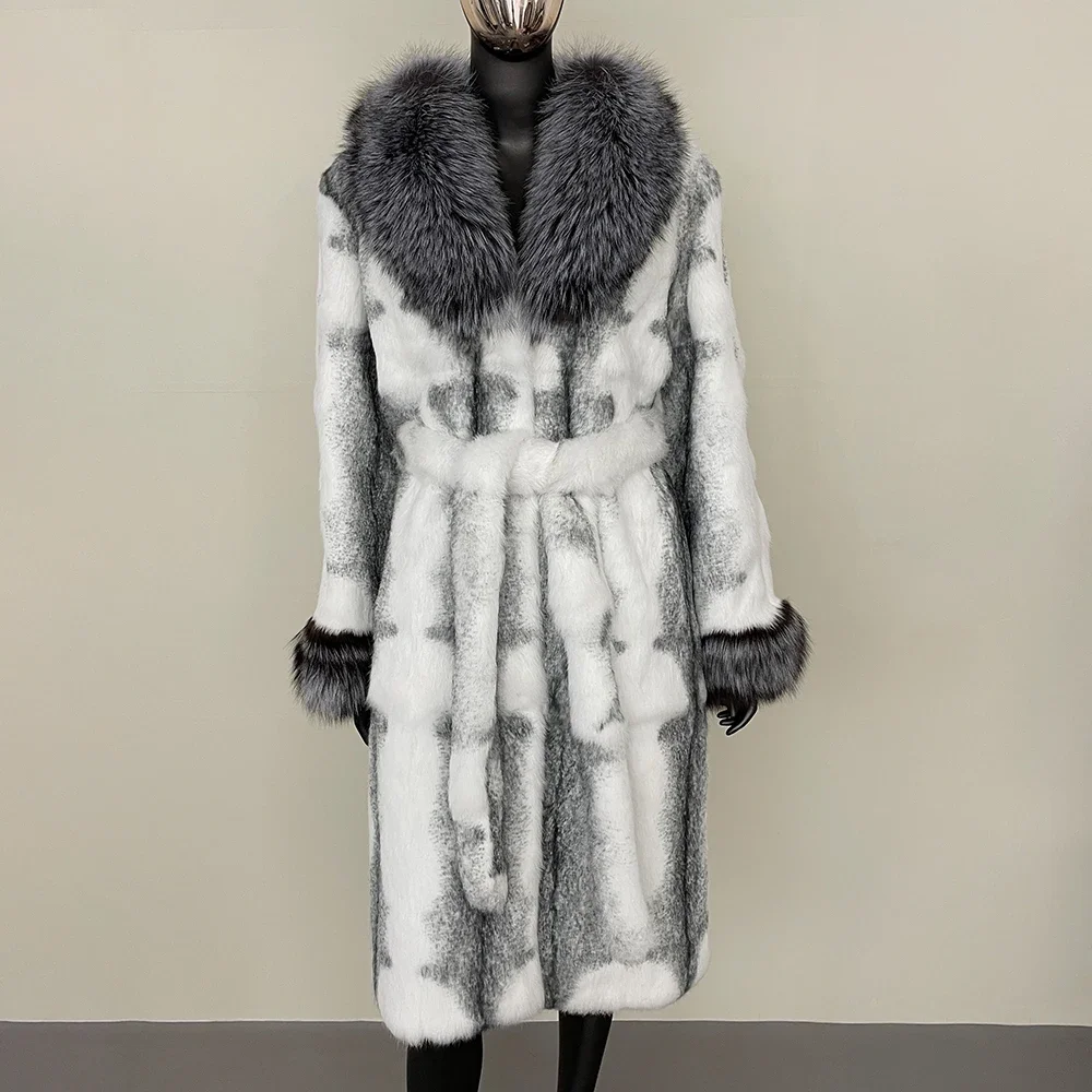 Fur Coat for Women Rabbit Fur One-piece Long Style Fashion Warm Women New Autumn Winter Real Fox Fur Collar Coat Thickened