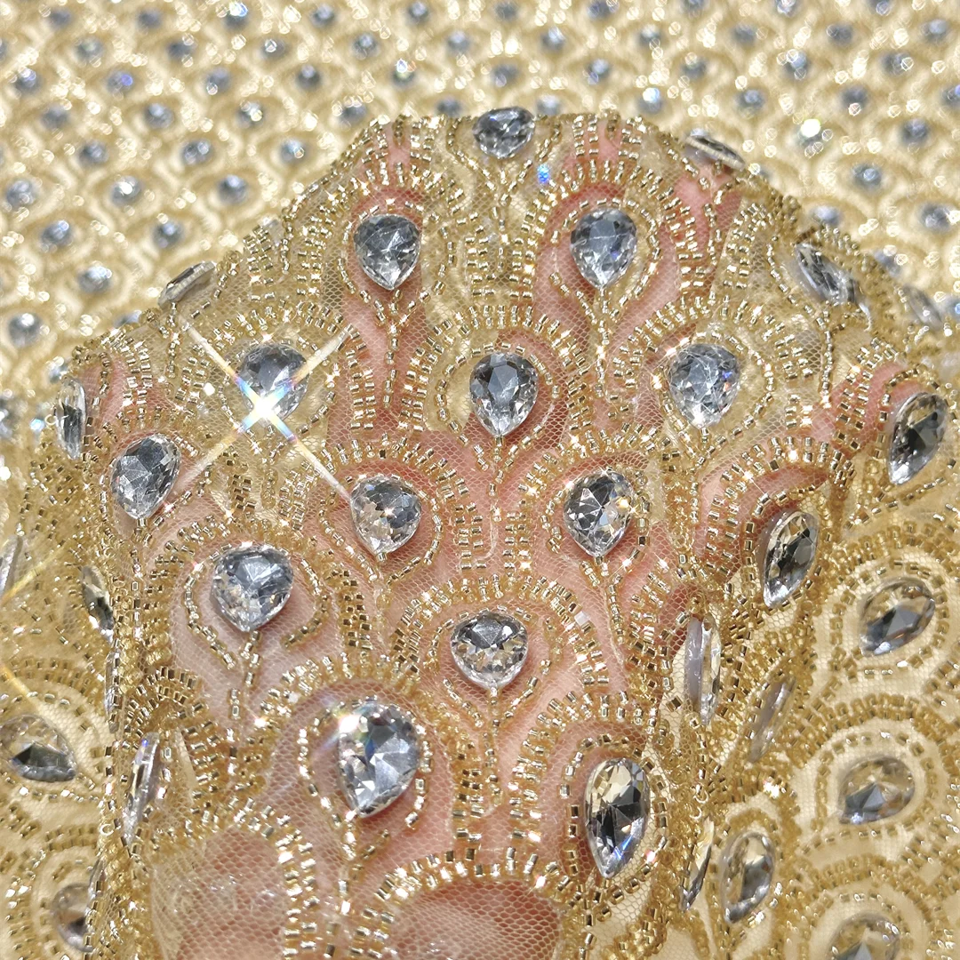 Luxury Exquisite African Nigerian Bead Lace Fabric French Tulle Drip Rhinestone Embroidery Sequins Lace for Wedding Party Dress