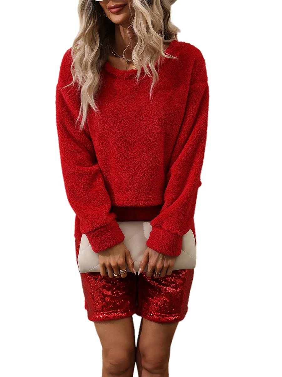 Womens Fall Outfits Long Sleeve O Neck Fleece Tops with Sequins Patchwork Shorts Warm Fashion Comfortable Sets