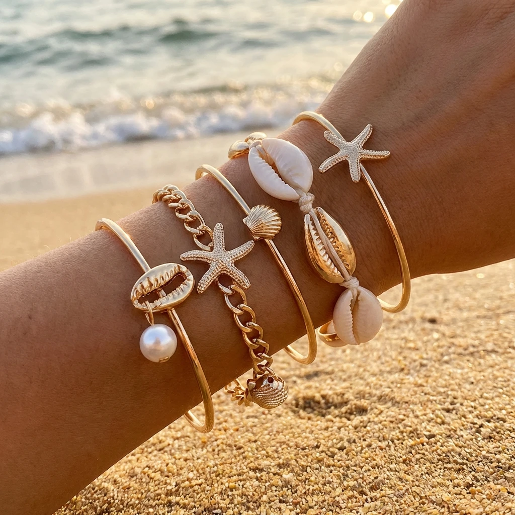 

5Pcs Luxury Gold Color Starfish Shell Open Bangle Bracelet Set for Women Boho Summer Stackable Bangles Girls Beach Party Jewelry
