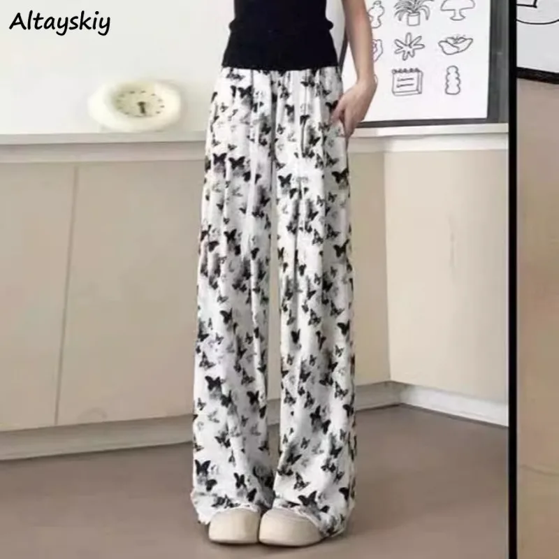 Casual Pants for Women Loose Thin Summer Elastic Waist All-match Young College Full Length Korean Style Ins Soft Vintage Print