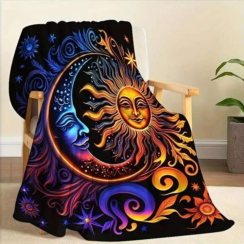 Sun and Moon Pattern Flannel Blanket Traditional Style Machine Washable Floral Pattern Tear and Stain Resistant Machine Washable