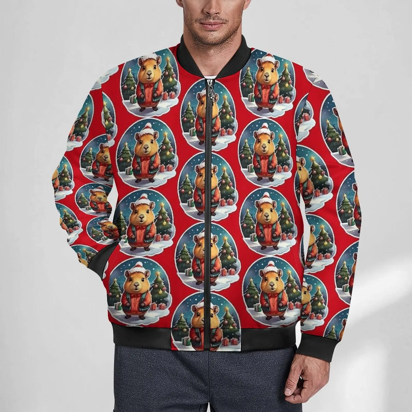 

Capybara Christmas Jackets Autumn Funny Animals Street Fashion Casual Coats Male Windproof Loose Windbreakers Oversized Jacket